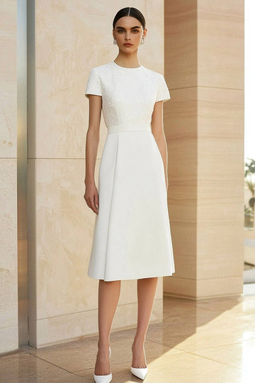 Robe formelle midi droite crayon ajustée à col rond blanc
